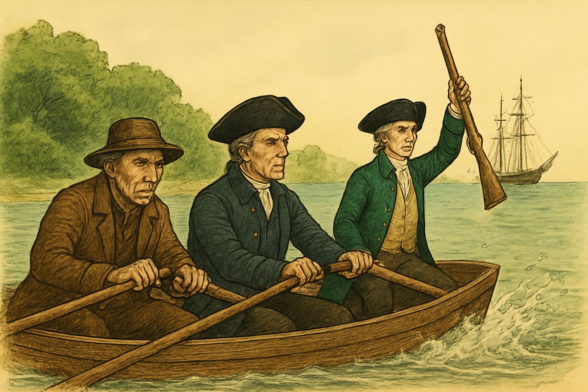 The overloaded jolly-boat drifted on the ebb as Israel Hands, Flint's old gunner, aimed the ship's long nine-pounder at them. “Hold!” cried the captain, backing water with Redruth. The ball missed, but the stern went under and she sank in three feet of water.