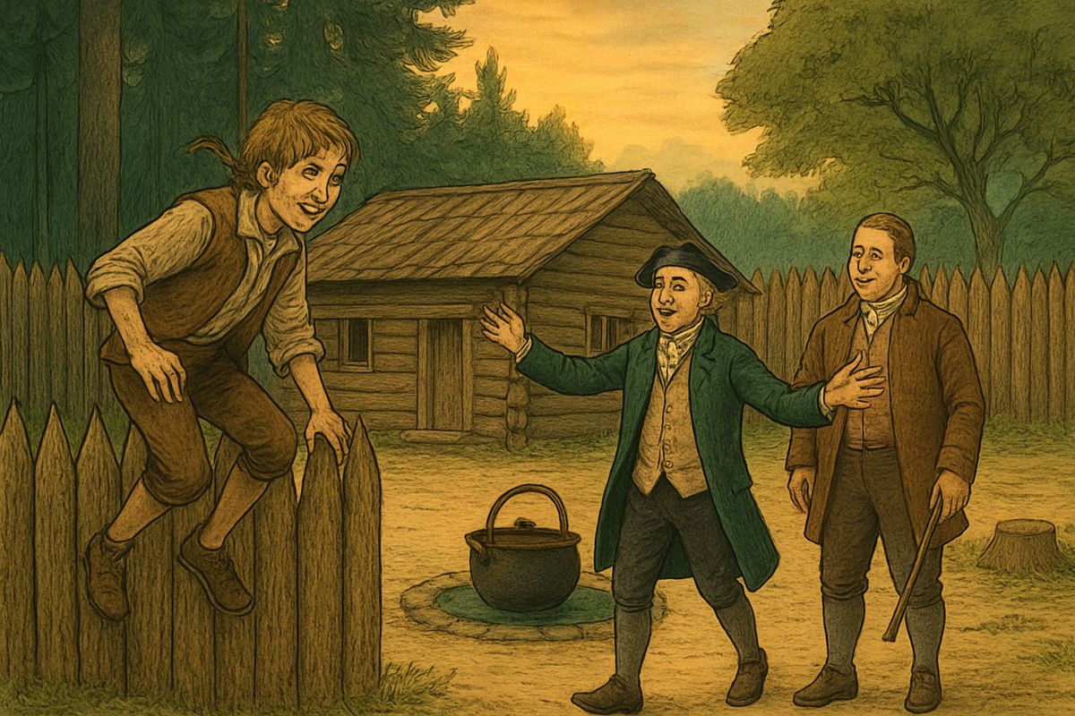That evening a shout came from the woods, and Jim Hawkins climbed safe and sound over the stockade. He carried Ben Gunn's message: the doctor or squire must come alone, carrying something white, to where Jim had found him.