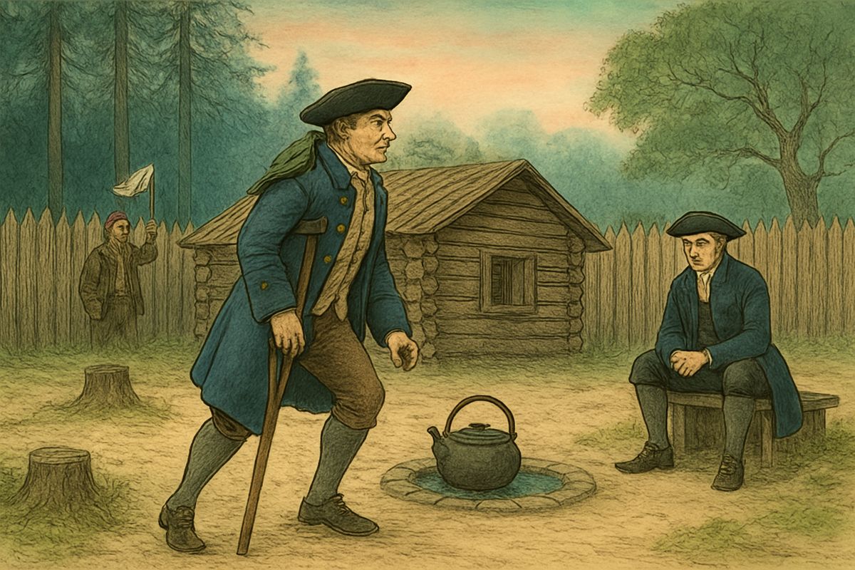At dawn on the coldest morning Jim ever knew, a white flag waved outside the stockade. Silver, in his best blue coat, climbed the fence and struggled up the sandy knoll on his crutch, while the captain waited on the threshold, whistling.