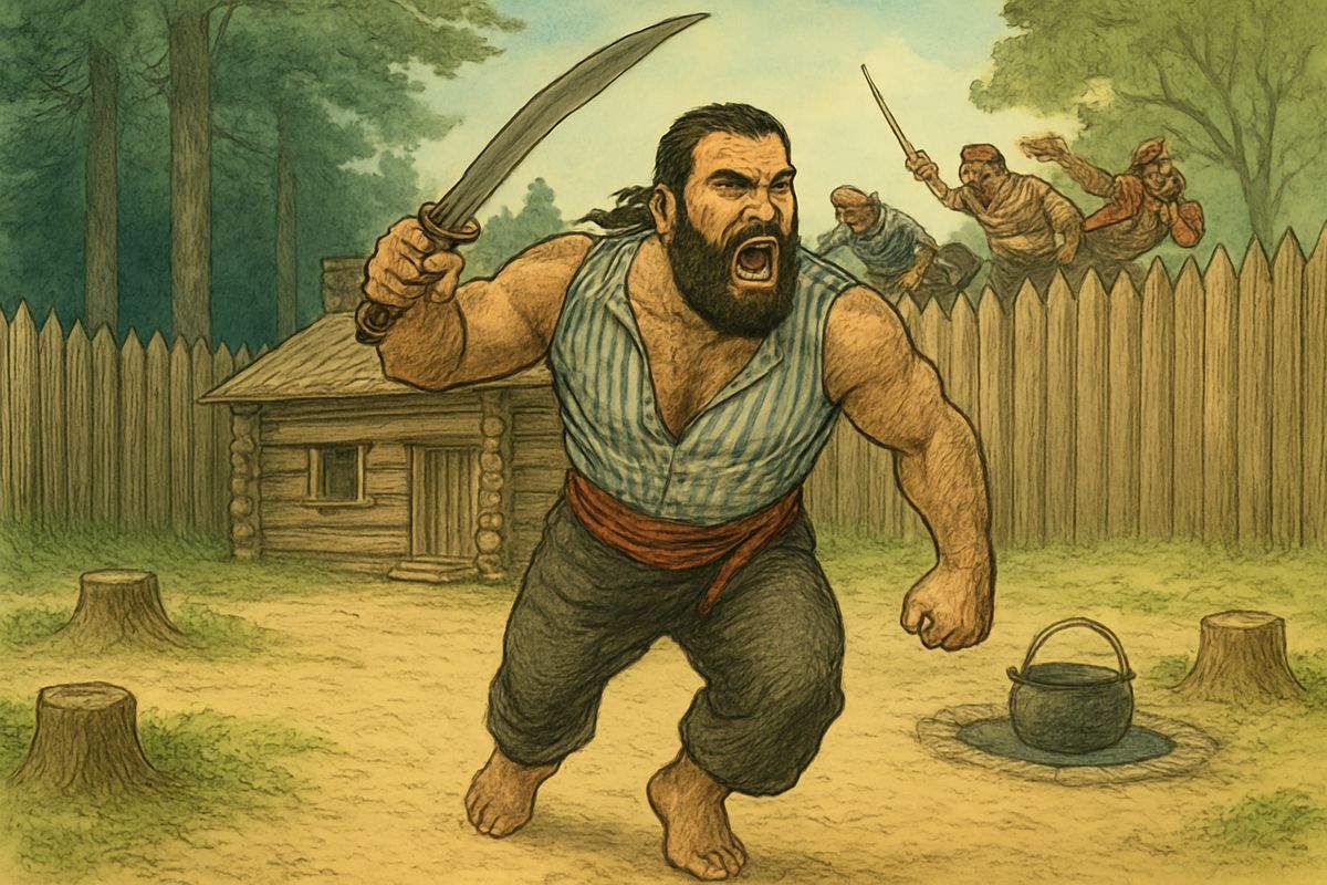 Suddenly, with a cheer, pirates leaped from the woods and swarmed over the fence like monkeys. The squire and Gray fired fast, but four reached the house. Hunter was knocked senseless, and a pirate burst into the doorway, cutlass raised against the doctor.
