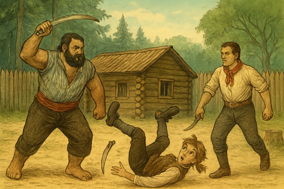 “Out, lads, and fight 'em in the open!” cried the captain. Jim grabbed a cutlass and ran straight into Job Anderson. As the huge blade swung up, Jim slipped and rolled down the slope, and Gray cut the big boatswain down.