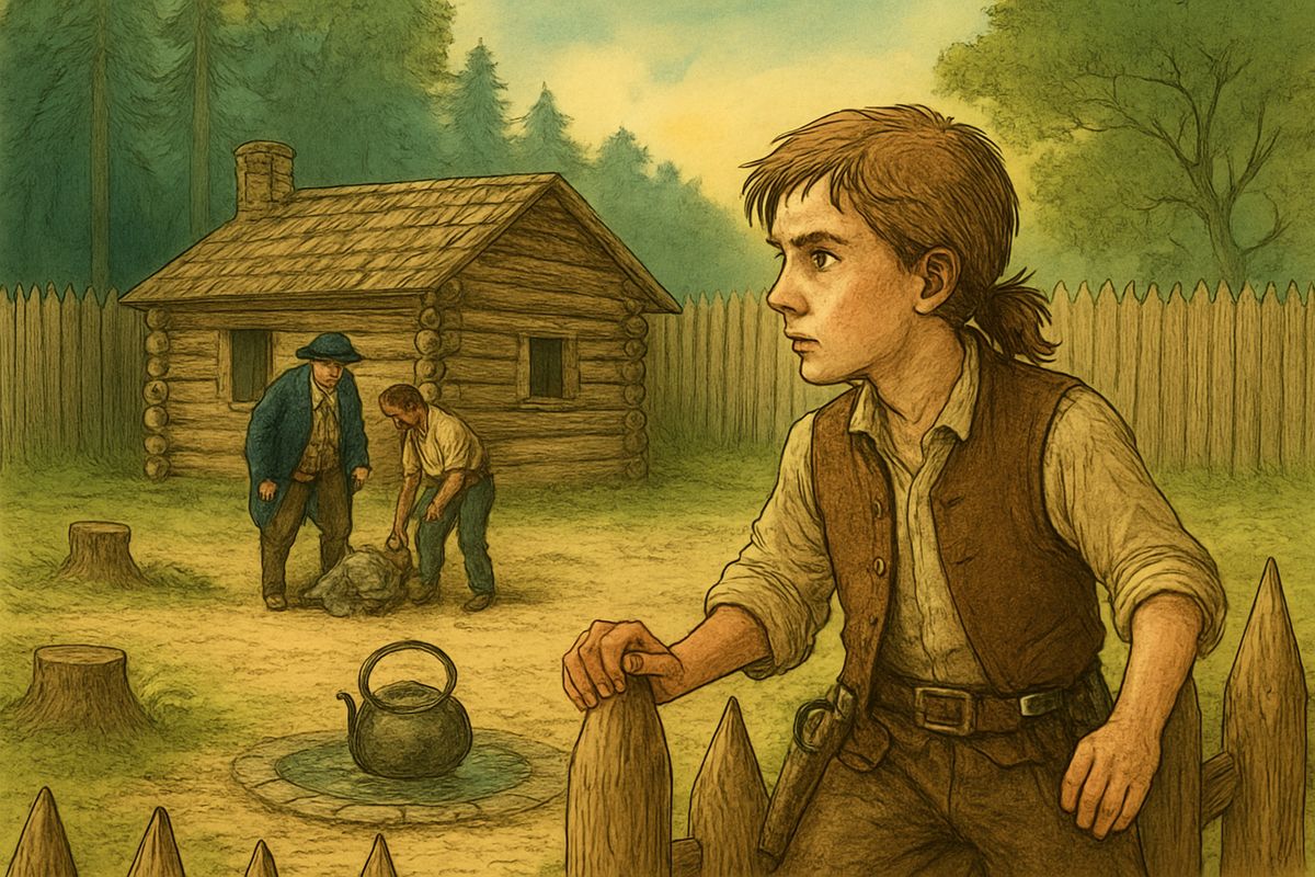 With the captain wounded and the log-house hot and full of dead men, Jim envied the doctor, gone into the cool woods to find Ben Gunn. Stuffing his pockets with biscuit and taking two pistols, he slipped away over the stockade.