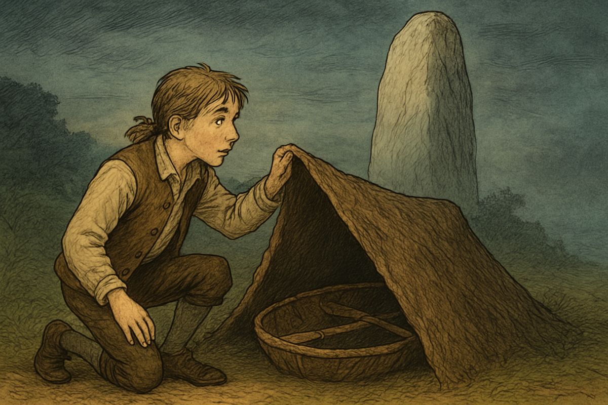 Jim crept along the sandy spit to the white rock. In a hidden hollow beneath a goat-skin tent lay Ben Gunn's boat, a lopsided home-made coracle. Now a bolder plan took hold of him: he would cut the Hispaniola adrift.