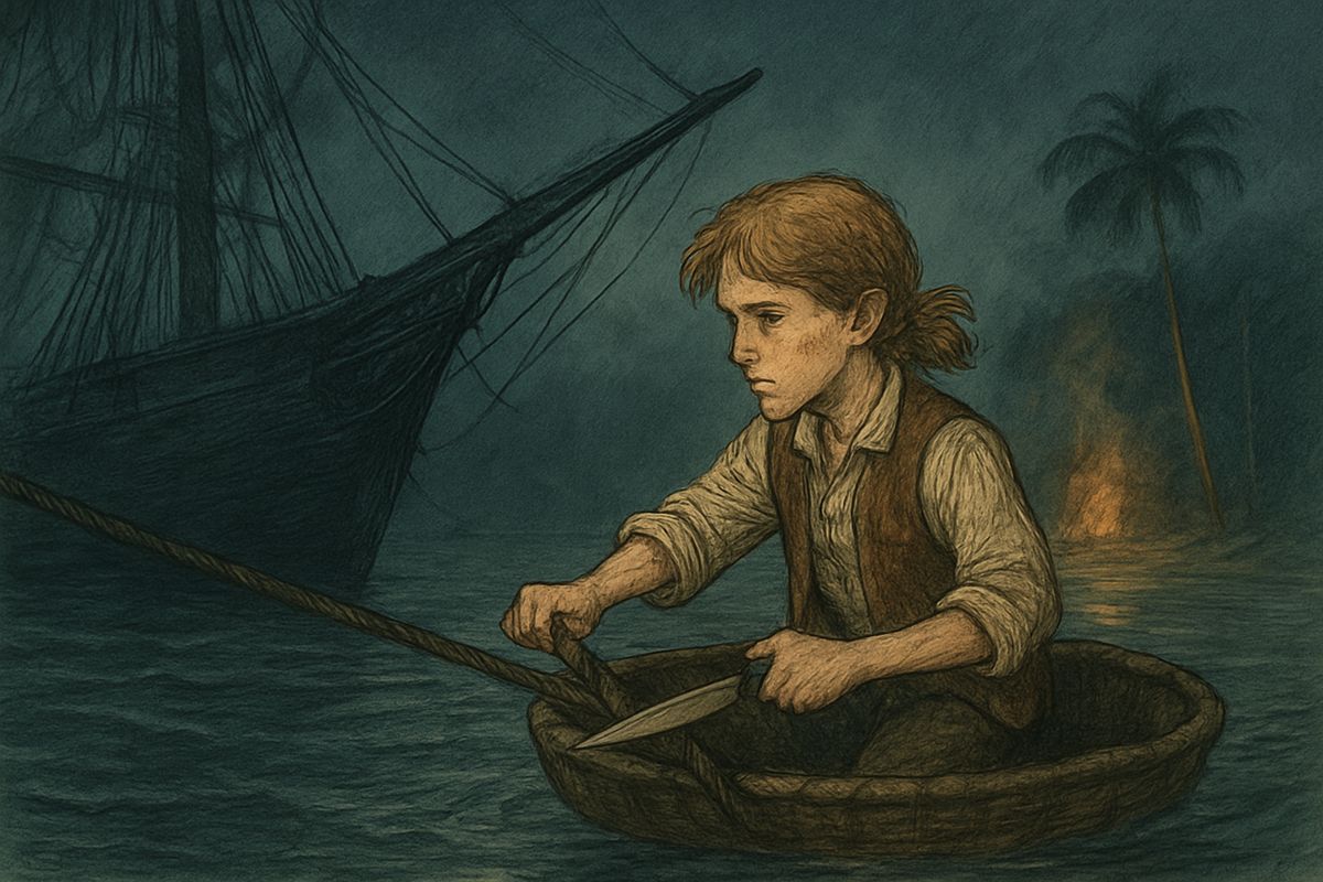 In pitch-black fog Jim paddled the coracle out on the ebb to the ship's anchor rope and cut it strand by strand. Across the water the pirates sang round their fire: “But one man of her crew alive, what put to sea with seventy-five.”