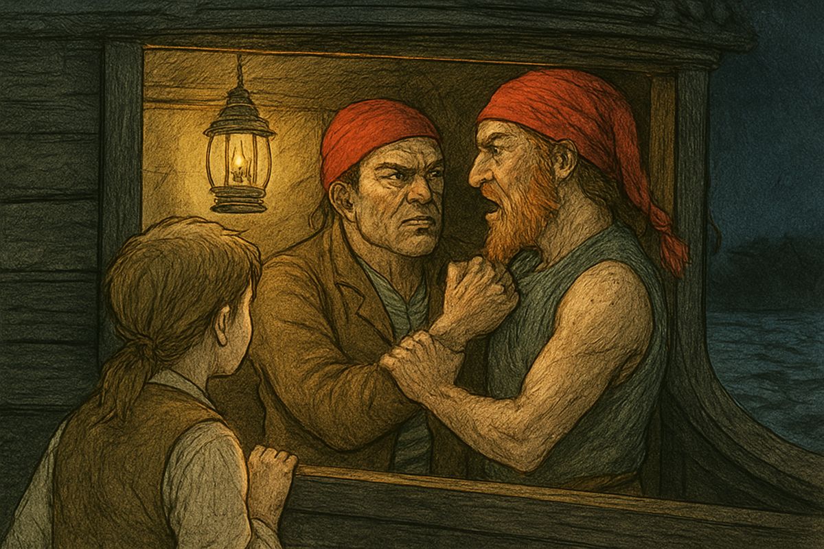 The last fibres parted and the schooner swung free. Jim caught a trailing cord at her stern and peeped through the lit cabin window. Inside, Israel Hands and the red-cap pirate, drunk and furious, had each other by the throat.