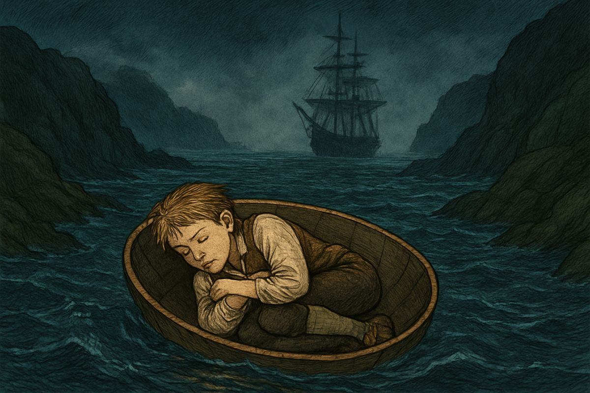 Suddenly the current swept ship and coracle out through the narrows toward the open sea. The two drunkards woke shouting. Sure he'd drown in the breakers, Jim lay flat in the boat, and at last fell asleep, dreaming of the Admiral Benbow.