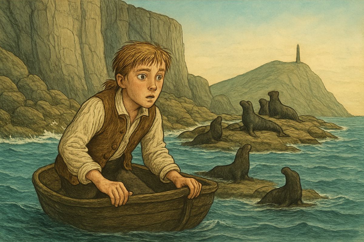 Jim woke in broad daylight off the island's south-west end, below the cliffs of Haulbowline Head. Breakers thundered on rocks crowded with huge, barking sea lions. No one could land there, so he let the current carry him north.