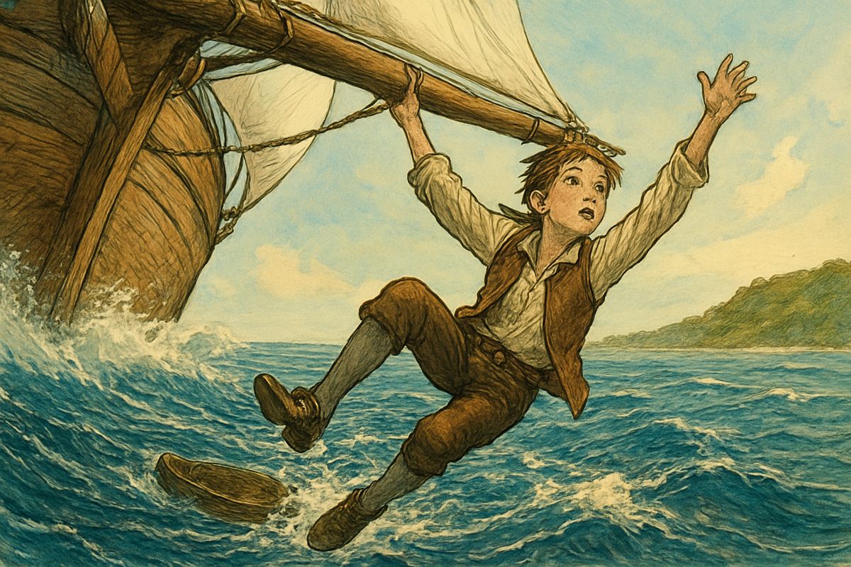 Burning with thirst, Jim rounded a headland and saw the Hispaniola wandering under sail with no one on deck. He paddled hard after her. Suddenly she came charging down on him, and he leapt for the jib-boom as she ran over the coracle.