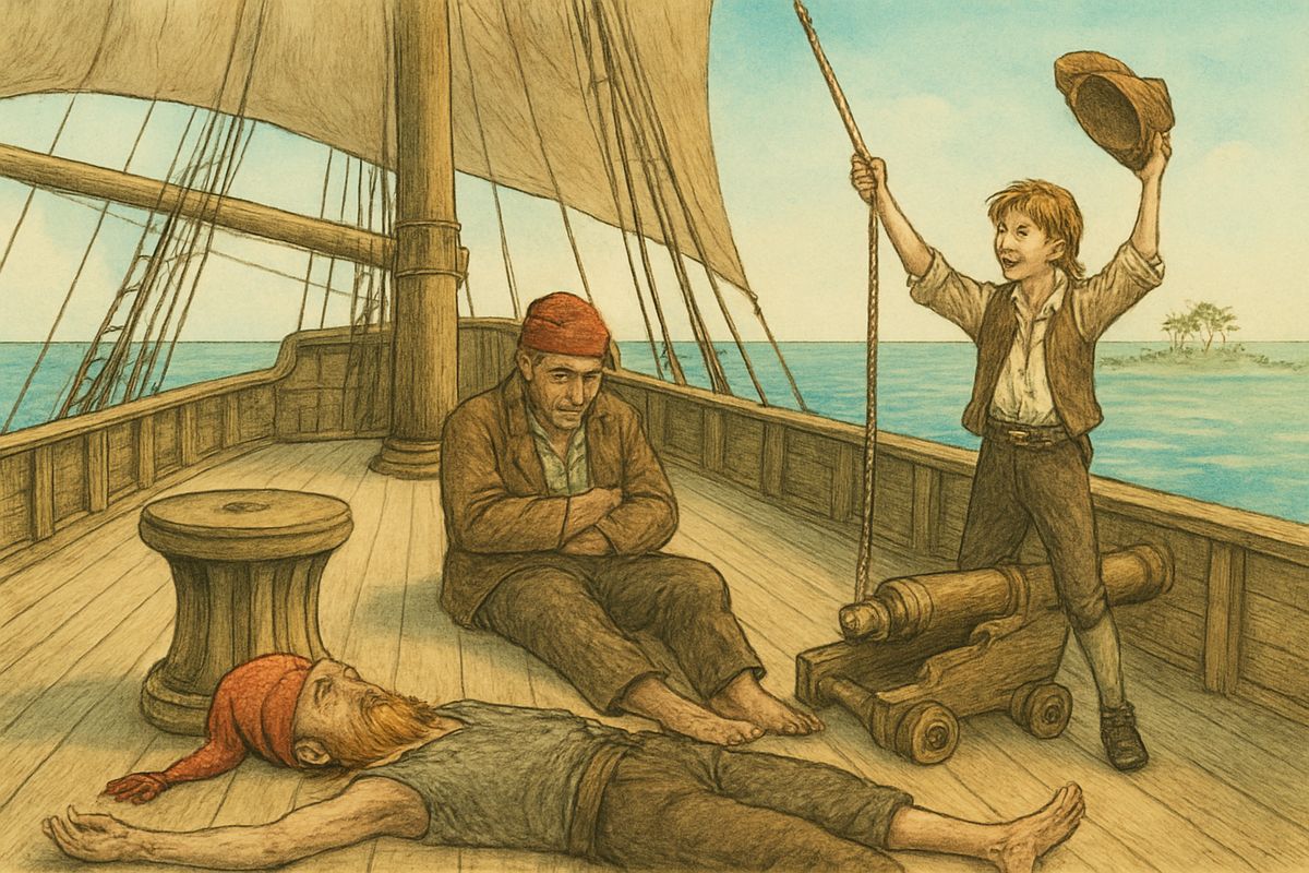 On the filthy deck, Red-cap O'Brien lay dead and Israel Hands sat wounded, begging for brandy. Jim fetched some, declared himself captain and tore down the black flag. “God save the king! And there's an end to Captain Silver!”