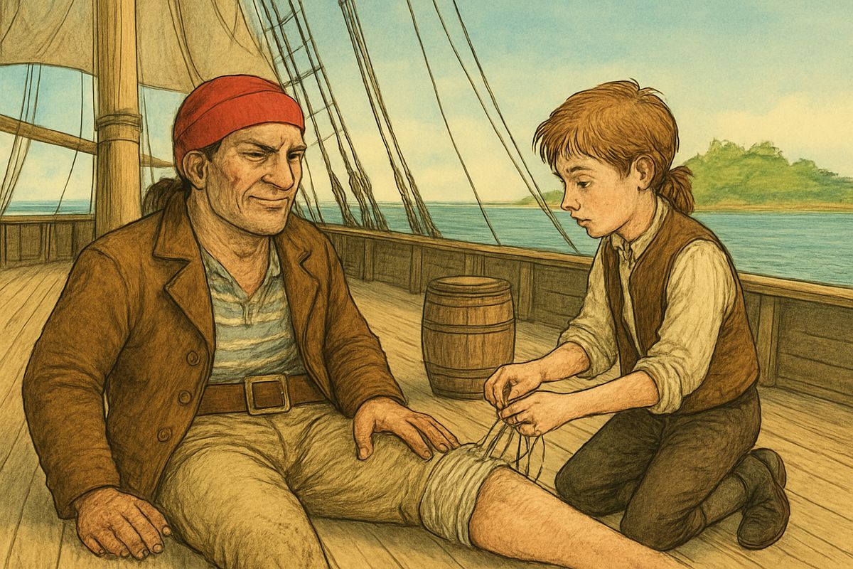 Hands offered a bargain: food, drink and a bandage, and he would teach Jim to sail her into North Inlet. Jim bound his thigh with his mother's silk handkerchief. But Hands watched him with an odd smile, part mockery, part treachery.