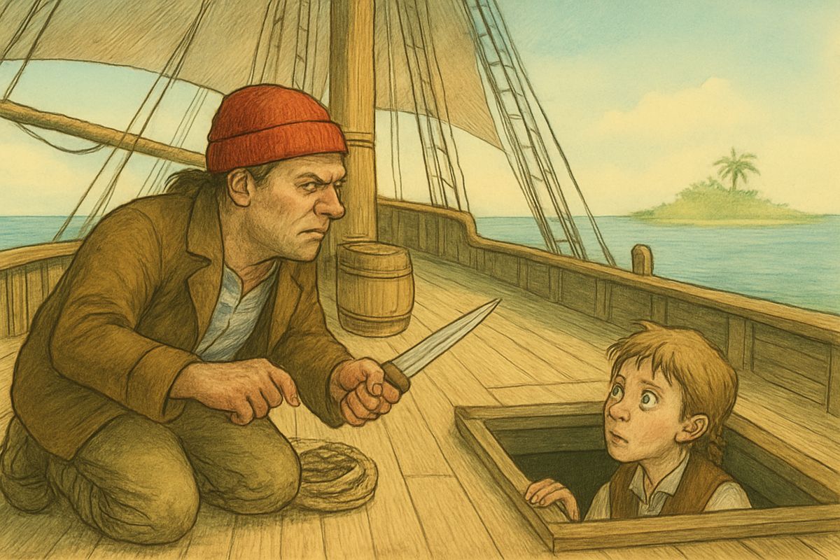 While they waited for the tide, Hands sent Jim below for wine. Jim slipped off his shoes, crept to the fore hatch and watched Hands crawl across the deck, pull a long dirk from a coil of rope and hide it in his jacket.