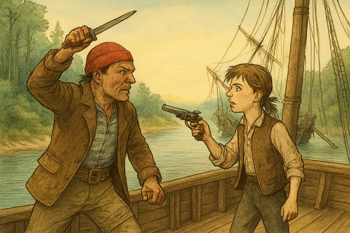 Hands piloted them neatly into North Inlet. As the schooner ran for the beach, Jim turned just in time: Hands was coming at him with the dirk. Jim fired, but the sea-soaked priming failed. Then the ship struck and heeled right over.