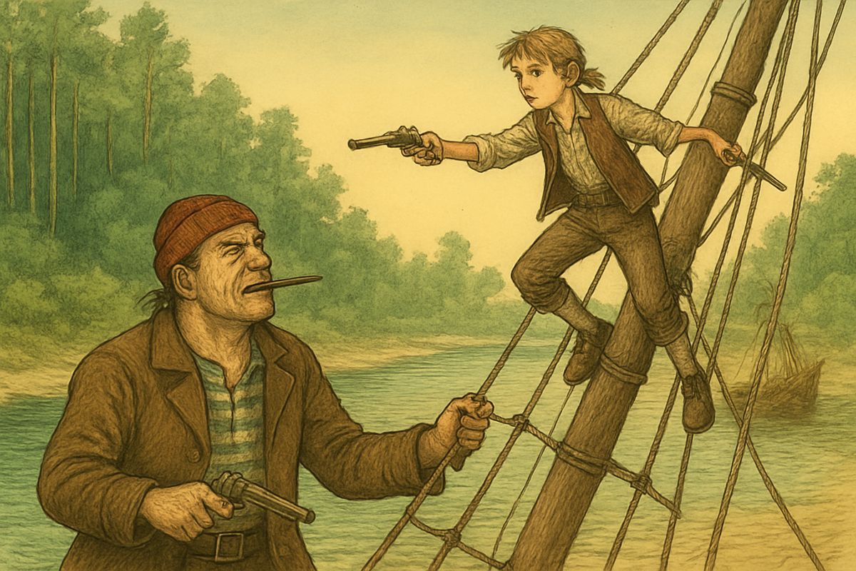 Jim was first up. He scrambled into the mizzen shrouds, reached the cross-trees and reprimed both pistols. Slowly Hands followed, the dirk in his teeth. "One more step, Mr. Hands, and I'll blow your brains out!"