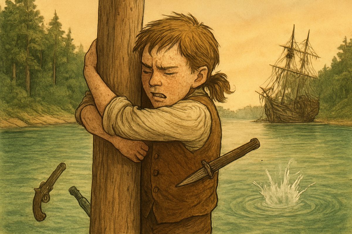 Hands took the dirk from his mouth and pretended to give in. Then his arm flew back, and the dirk pinned Jim's shoulder to the mast. Both pistols went off, and the coxswain plunged head first into the water.