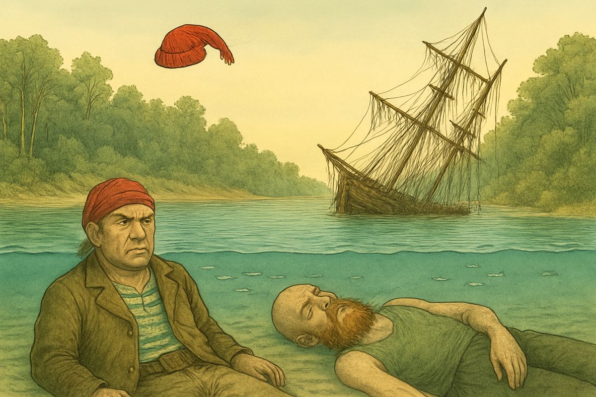 The blade held only a pinch of skin, so Jim shuddered free and dressed his small wound. He heaved O'Brien overboard to lie beside Hands on the clear sand, cut loose the sails, and waded ashore at sunset.