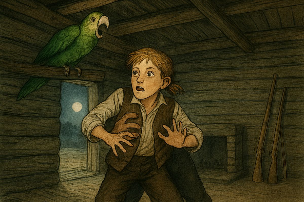 By moonlight Jim crept back into the dark log-house, hearing snores. Suddenly a shrill voice screamed, "Pieces of eight!" It was Silver's parrot, Captain Flint. The sleepers sprang up, and Jim ran straight into arms that held him tight.