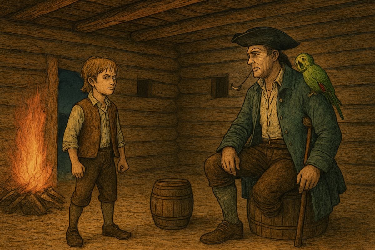 Jim was a prisoner in the pirates' camp. Long John Silver sat on the brandy cask. Jim told them he had heard them from the apple barrel and had cut the ship loose. "Kill me, if you please, or spare me."