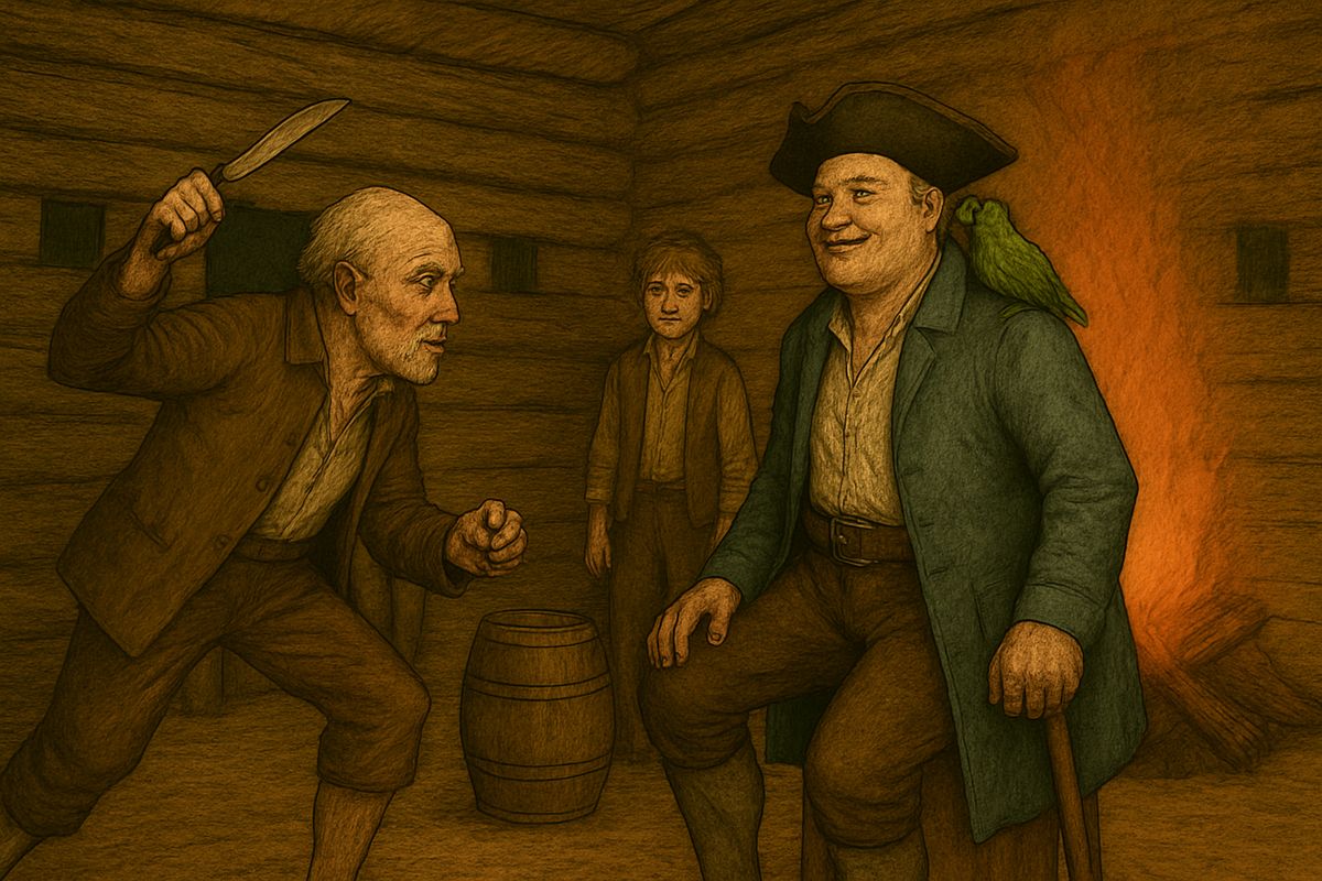 Old Tom Morgan jumped up with his knife drawn, but Silver faced him down. "Maybe you thought you was cap'n here!" Nobody dared fight him, but the crew muttered and went out for a council, leaving Silver and Jim alone.