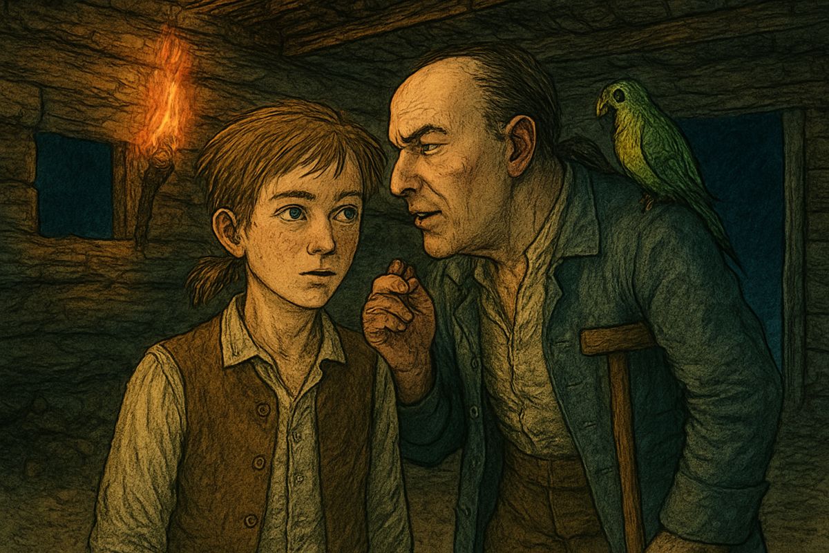 Alone with Jim, Silver whispered that the ship was gone, the game was lost, and the crew meant to get rid of him. He offered a bargain: "You save your witness, and he'll save your neck!" Jim promised to try.