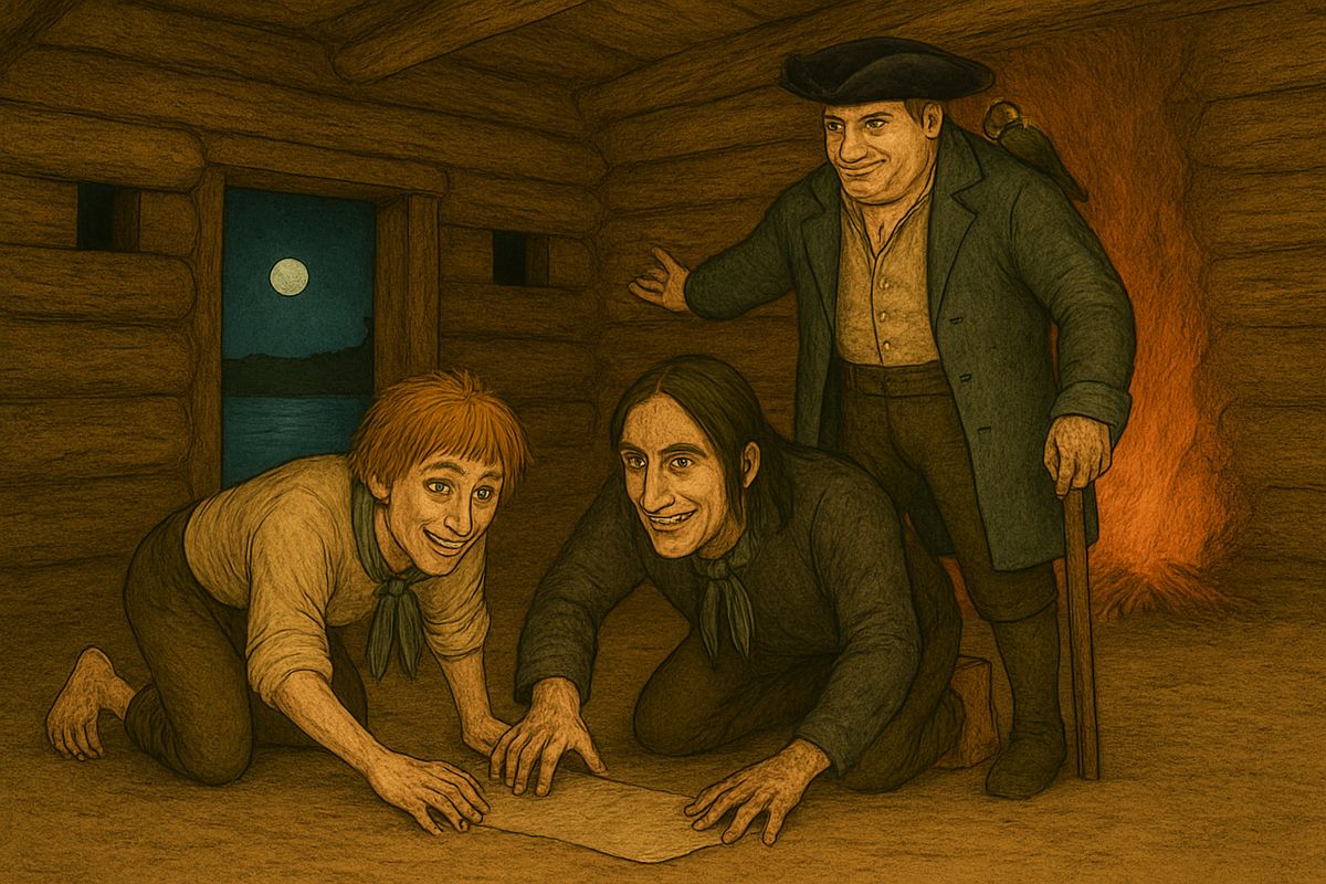George Merry listed the crew's complaints, and Silver answered each one: Merry had spoiled the cruise, and the boy was a valuable hostage. Then he threw Flint's map on the floor. The pirates pounced on it and shouted, "Barbecue for cap'n!"