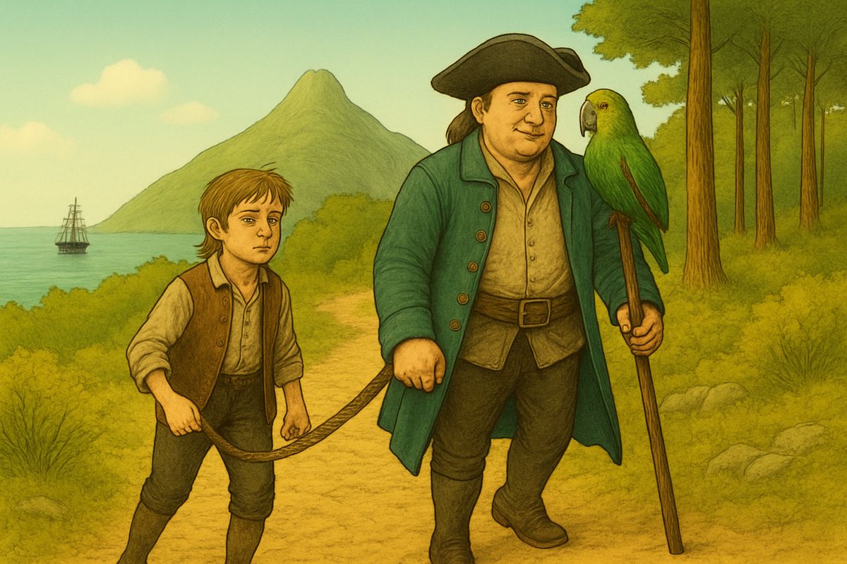 The pirates climbed toward the plateau with picks and shovels. Jim came last, like a dancing bear, with a rope round his waist and Long John holding the other end. He remembered the doctor's warning: "Look out for squalls when you find it."