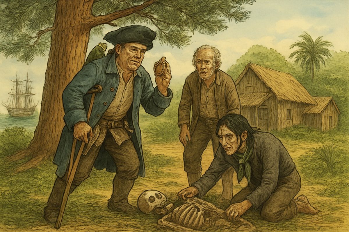 Suddenly a man cried out in terror. At the foot of a pine lay a skeleton, arms stretched above its head, pointing straight at Skeleton Island. "This here is a p'inter," said Silver. It was one of Flint's jokes.