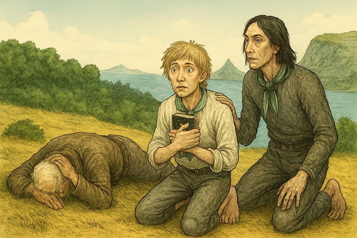 Now the pirates kept close together, whispering about Flint. As they rested, a thin, high voice from the trees wailed, "Darby M'Graw! Fetch aft the rum, Darby!" Morgan grovelled on the ground, and Dick pulled out his Bible and prayed.