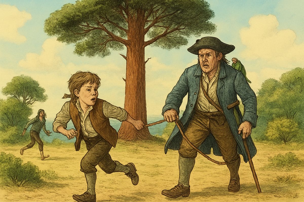 They pressed on across the hilltop. The third tree was a giant, and the men hurried faster, thinking of gold. Silver yanked Jim's rope with deadly looks. Jim could read his thoughts: grab the treasure, seize the ship, and leave no honest man alive.