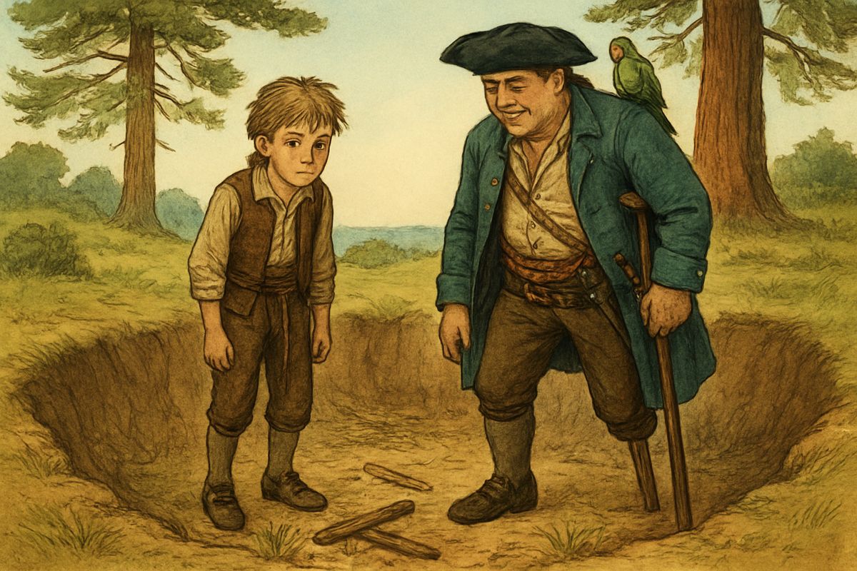 "Huzza, mates, all together!" shouted Merry, and the men ran, only to stop dead before an old, empty pit. Among the broken boards lay one branded Walrus, the name of Flint's ship. The seven hundred thousand pounds were gone!