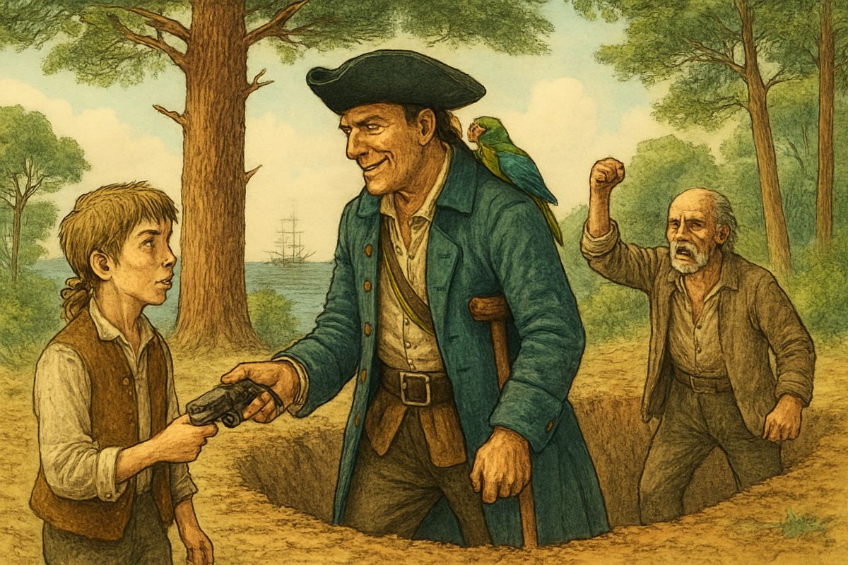 Silver changed his plan in a heartbeat. "Jim, take that, and stand by for trouble," he whispered, handing Jim a double-barrelled pistol. Down in the pit, old Morgan held up one lone two-guinea coin, cursing, while George Merry turned on Silver in a rage.