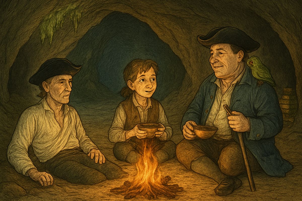 They rowed round to Ben Gunn's cave, where heaps of Flint's gold lay in a dark corner. That night they had a merry supper by the fire, and there sat Silver at the edge of the firelight, eating heartily and polite as ever.