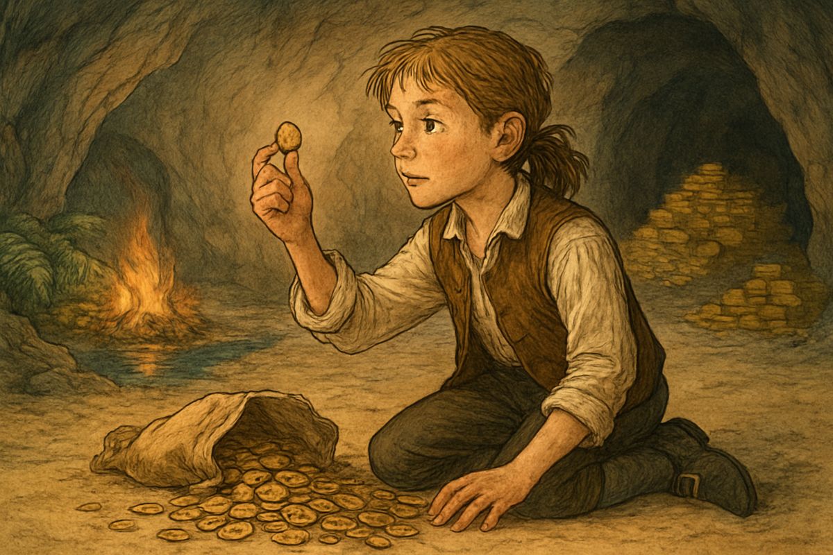 For days they carried the gold down to the boat. Jim packed the coins into bread-bags and never enjoyed anything more. There were coins from every country, with the faces of every king in Europe, as many as autumn leaves.