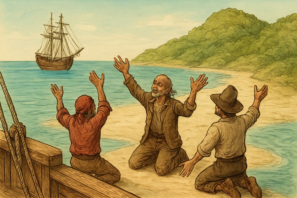 The three surviving pirates were left on the island with powder, food and medicine. As the Hispaniola sailed away, they knelt on the sand, begging not to be left. One fired a shot through the mainsail. By noon the island had sunk from sight.