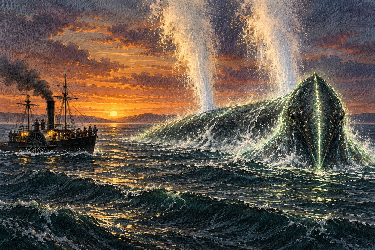 In 1866, ships all over the world reported meeting 'an enormous thing': long, spindle-shaped, sometimes glowing, and faster than any whale. Off Australia, Captain Baker of the Governor Higginson took it for an unknown sandbank, until two columns of water shot up from it, hissing, a hundred and fifty feet into the air.