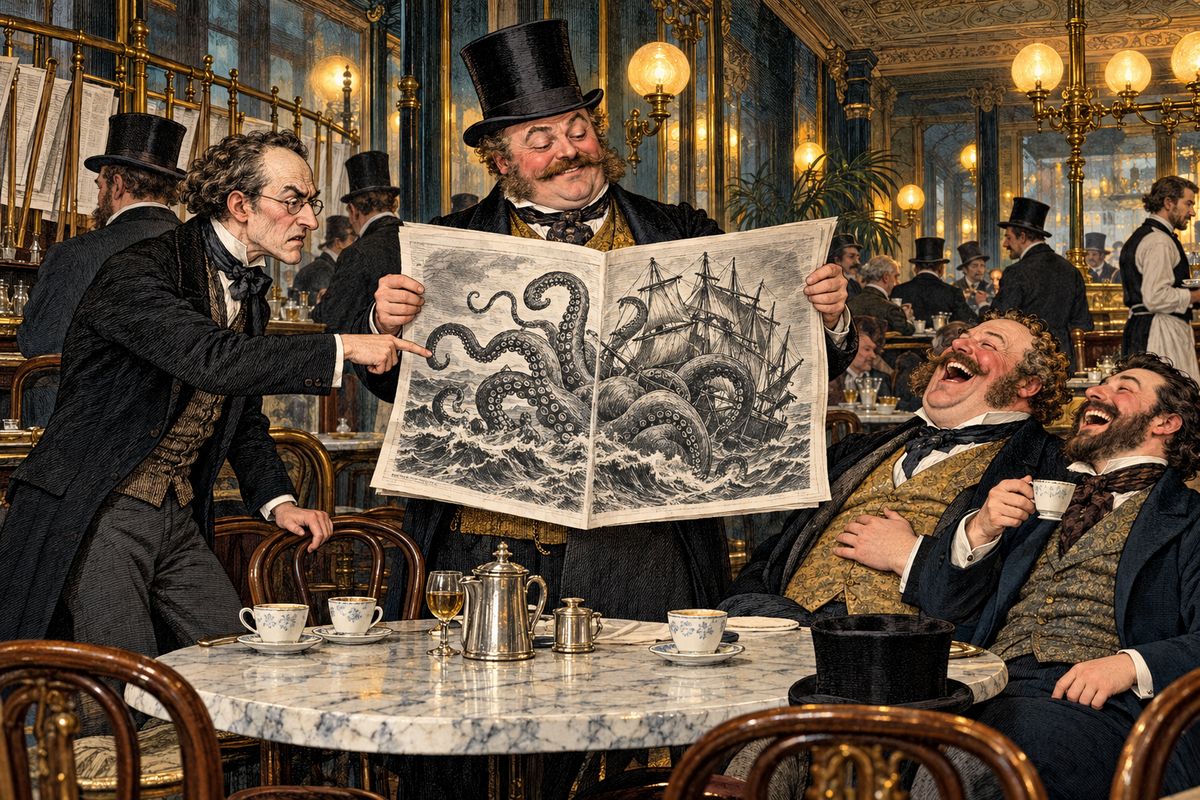 The monster became the fashion. People sang of it in the cafés, laughed at it on the stage, and the papers printed cartoons of krakens and Moby Dicks. Learned journals and comic ones spilled seas of ink arguing whether it could exist at all, until a joke seemed to kill it off.