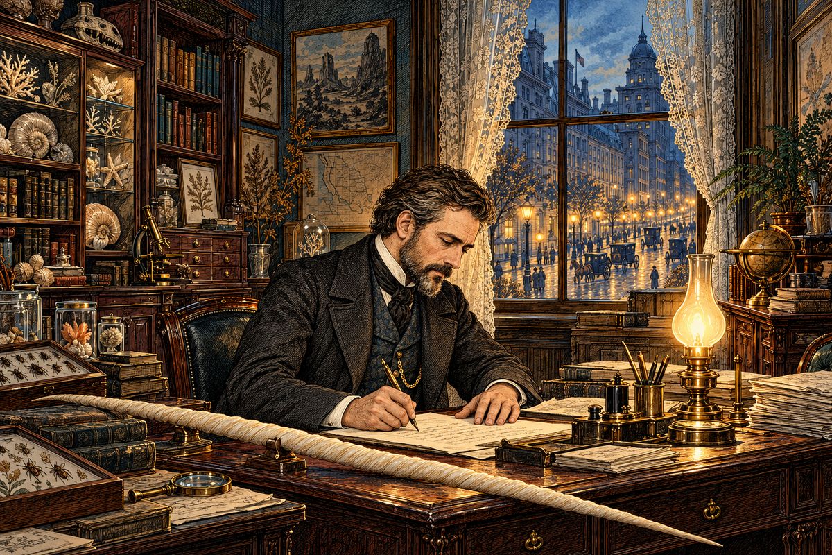 Professor Aronnax, a French naturalist, was in New York sorting his specimens. By then a floating island, a wreck and a secret submarine had all been ruled out, so the New York Herald asked his opinion. He wrote that the culprit must be a gigantic narwhal, a sea-unicorn armed with a tusk as hard as steel.