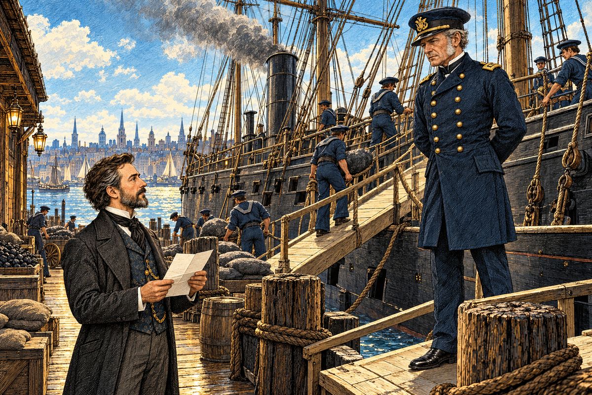 The United States answered first. At Brooklyn the fast frigate Abraham Lincoln was armed and loaded with coal for the hunt, under Commander Farragut. Three hours before she sailed, a letter reached Aronnax from the Secretary of Marine: Commander Farragut had a cabin at his disposal, if he would join the expedition.