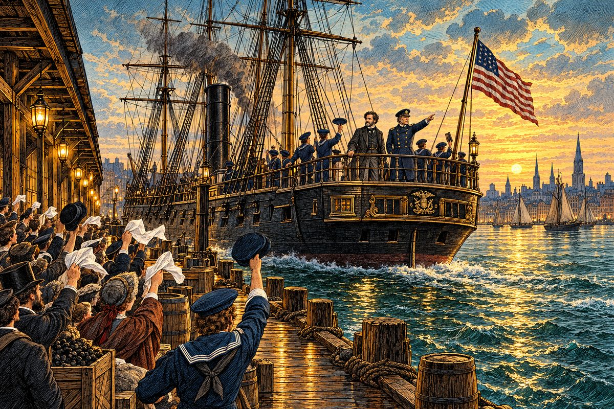 Within the hour they were aboard, welcomed by Commander Farragut, as the frigate cast off from Brooklyn. Half a million people cheered and waved handkerchiefs along the East River, the forts saluted with their heaviest guns, and the Abraham Lincoln steamed out towards the dark Atlantic.