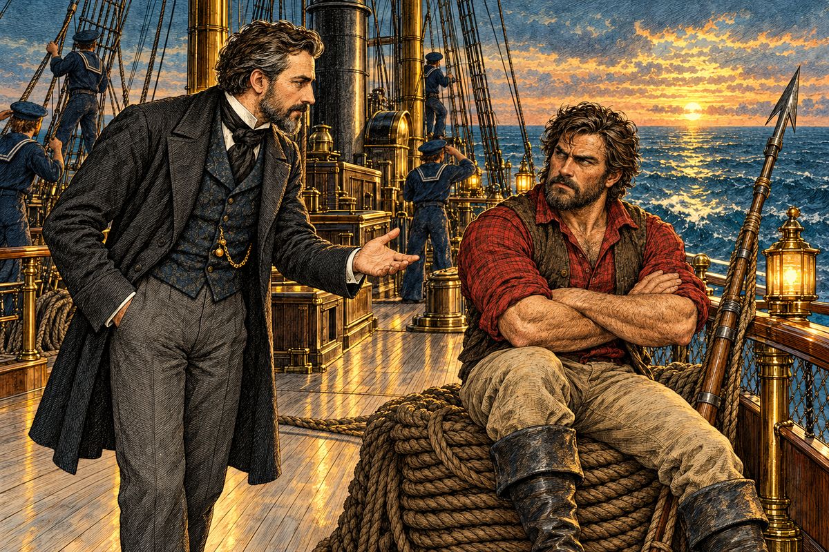 Farragut promised two thousand dollars to whoever first sighted the monster, and the rigging was crowded with eager eyes. Only Ned Land, the Canadian prince of harpooners, doubted. "No whale could scratch a steamer's iron plates," he said, and even Aronnax's sums about crushing deep-sea pressure only half convinced him.