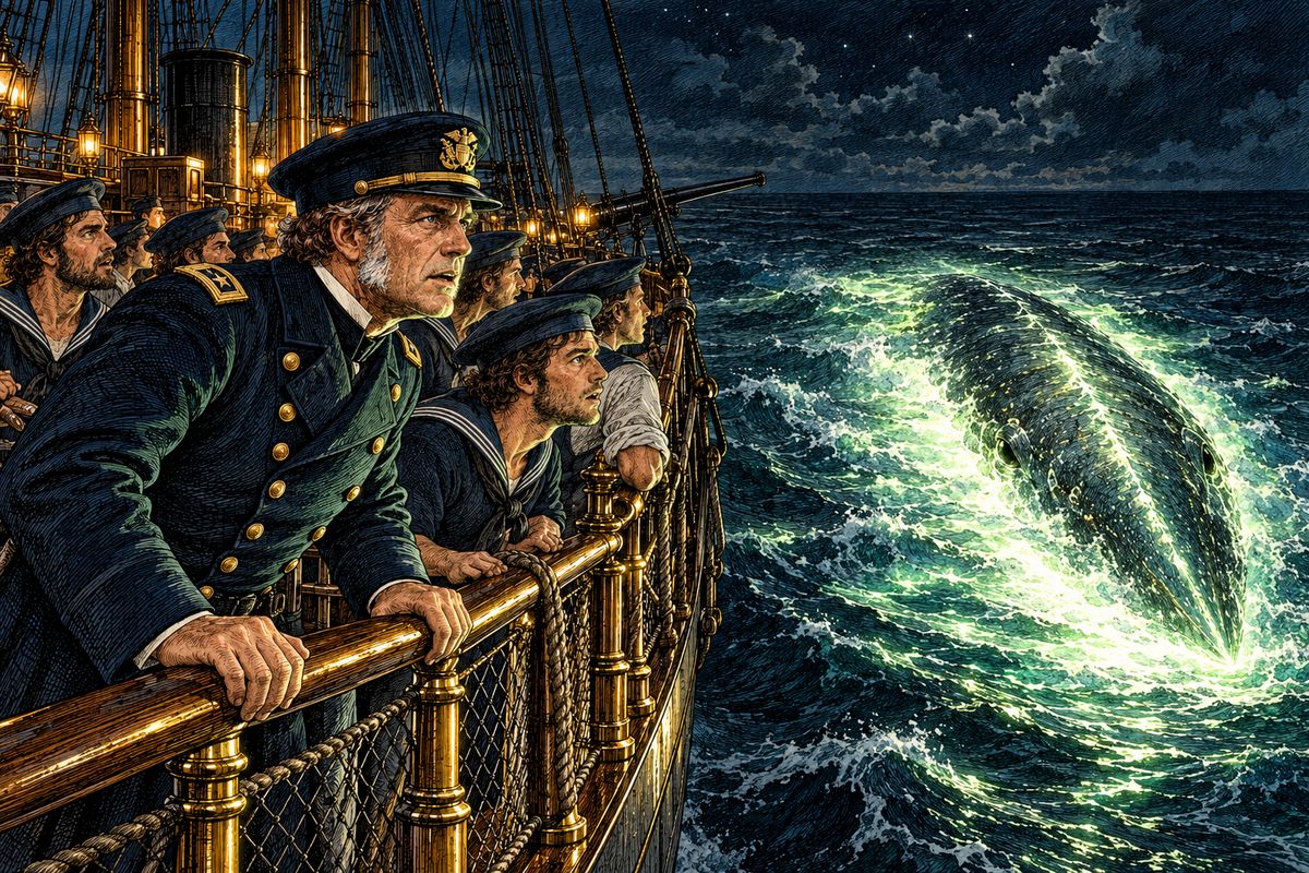Out of the dark, Ned Land had spotted a vast oval of light blazing under the sea. The thing circled the frigate, darted at her, stopped twenty feet from her hull and vanished, only to glow again on the other side. All night Commander Farragut would not attack: "Wait for daylight, and the scene will change."