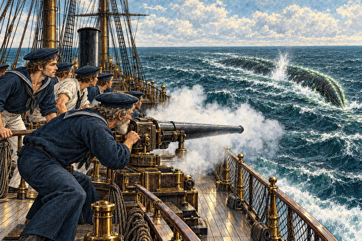 At dawn the monster appeared again, and the Abraham Lincoln went after it with every ounce of steam. All day it kept just out of reach, sometimes circling the straining frigate as if mocking her. At last an old grey-bearded gunner fired the bow gun and hit it, but the shot only skidded off its rounded back.
