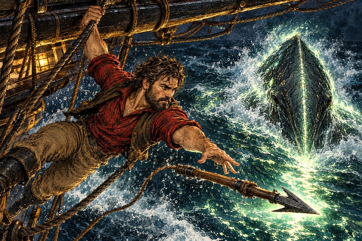 That night the glowing beast lay still, as if asleep, and the frigate crept up silently. Clinging to the chains beneath the bowsprit, Ned Land rose, and with all his strength he hurled his harpoon. Instead of sinking into flesh it gave a loud ringing clang, as if it had struck something hard.