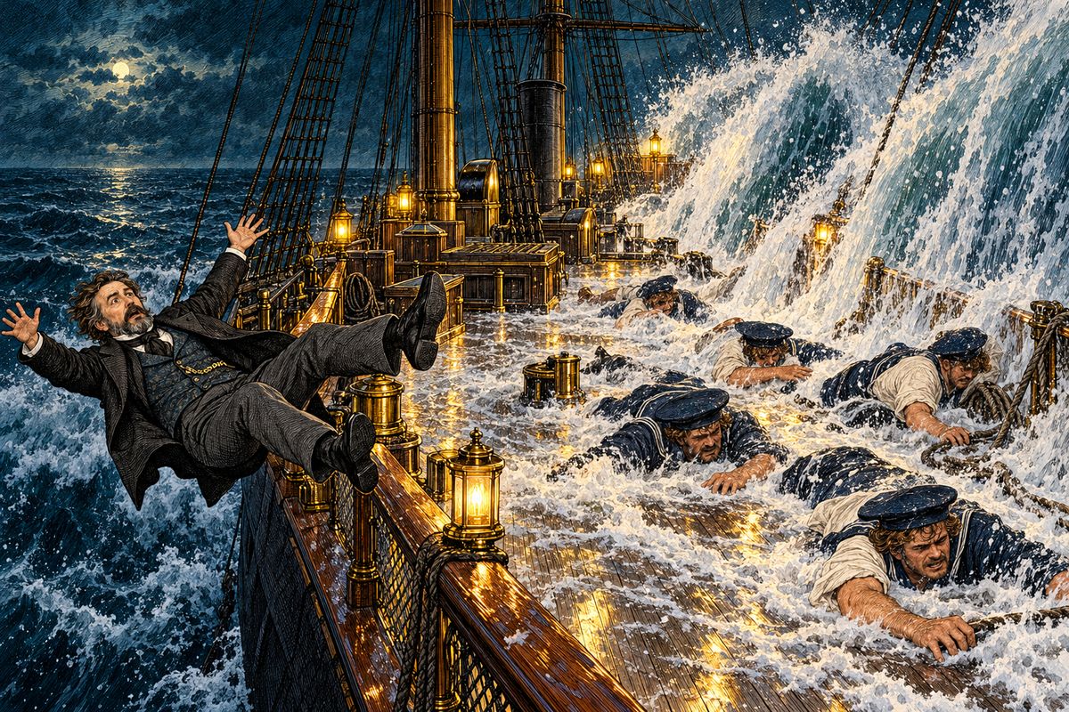 At once the light went out. Two huge spouts of water crashed over the deck, sweeping men off their feet from bow to stern. Then came a terrible shock, and before Professor Aronnax could catch hold of anything, he was flung over the rail into the black sea.