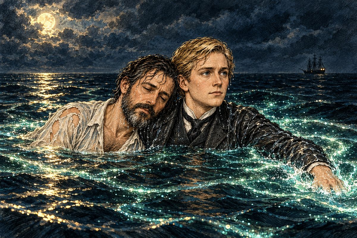 The frigate steamed away into the dark, its rudder and screw smashed. Aronnax was sinking when a strong hand pulled him up: his faithful Conseil had jumped in after him. Hour after hour they took turns towing each other through the glowing water, until a faint voice answered Conseil's cries for help.