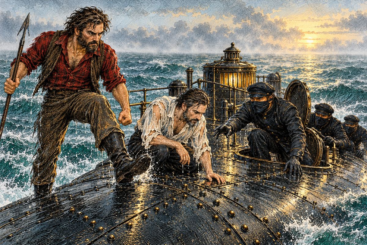 Aronnax woke on something hard to find Ned Land beside him. "That beast is made of sheet iron," said Ned. They were lying on the riveted back of a submarine boat! They held on through the night, and at dawn, as it began to sink, Ned kicked the plates. A hatch opened, and eight masked men silently pulled them inside.