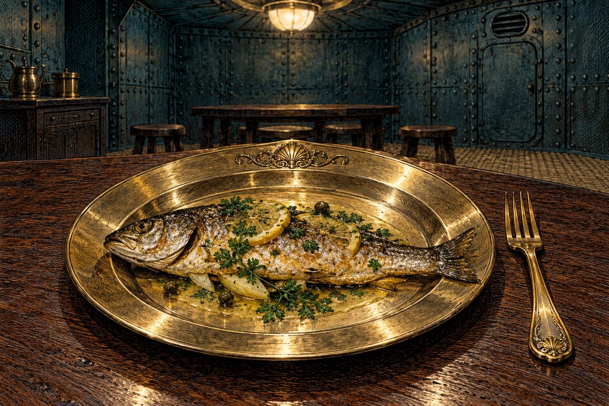 A silent steward brought us new clothes and laid the table. The fish was excellent and the dinner service elegant, and every spoon, knife and plate was engraved with a letter N under the motto 'MOBILIS IN MOBILI', "moving in a moving element". N was surely the initial of the strange master of these depths. We ate, then slept.