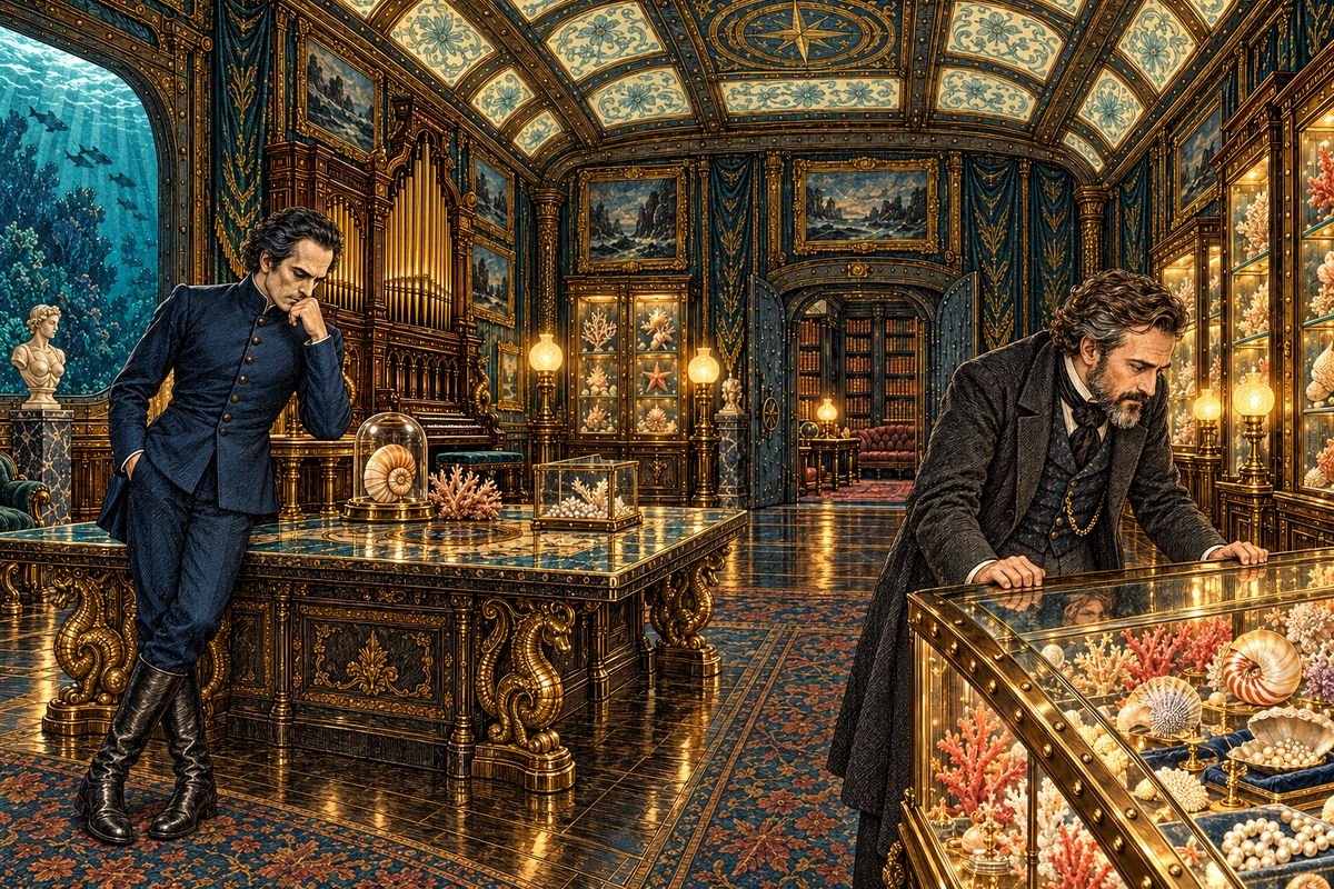 Nemo led me through his library of twelve thousand books into a vast saloon that was really a museum: masterpieces by Raphael and Leonardo, an organ heaped with music, and glass cases of rare corals, shells and pearls bigger than pigeons' eggs. "These are my last souvenirs of that world which is dead to me," he said. Then he fell silent, lost in thought.