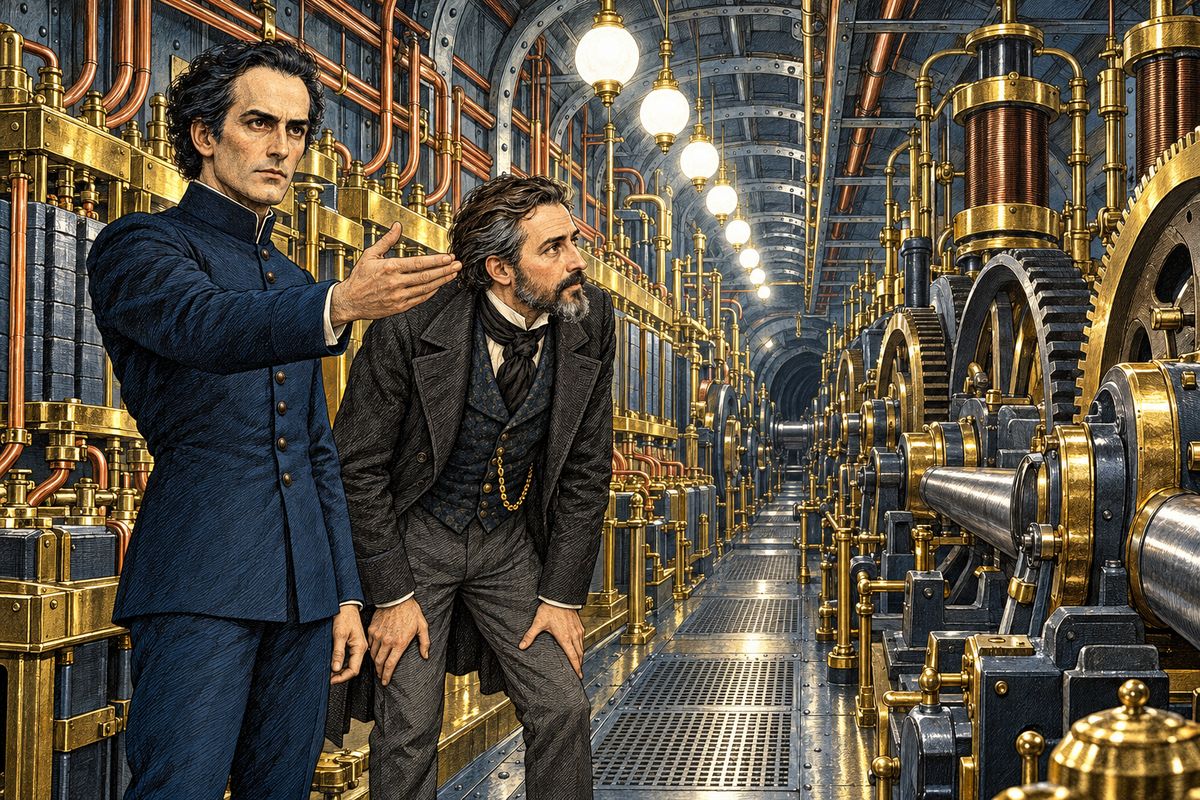 Captain Nemo showed the Professor the force that ran his ship: electricity, made with sodium drawn from sea-water. It lit, warmed and drove the Nautilus. In the vast engine room at the stern, great batteries fed giant magnets that turned a screw nineteen feet across. "I owe all to the ocean," said Nemo.