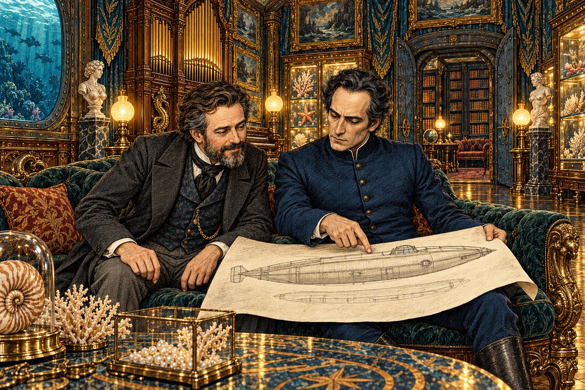 In the saloon Nemo unrolled a plan of his cigar-shaped boat. It had a double steel hull, a steersman in a glass cabin on top, and behind him a powerful electric lamp that lit the sea for half a mile. Aronnax laughed: so that was the glowing 'narwhal'. Nemo said only that he had built her in secret and was immensely rich.