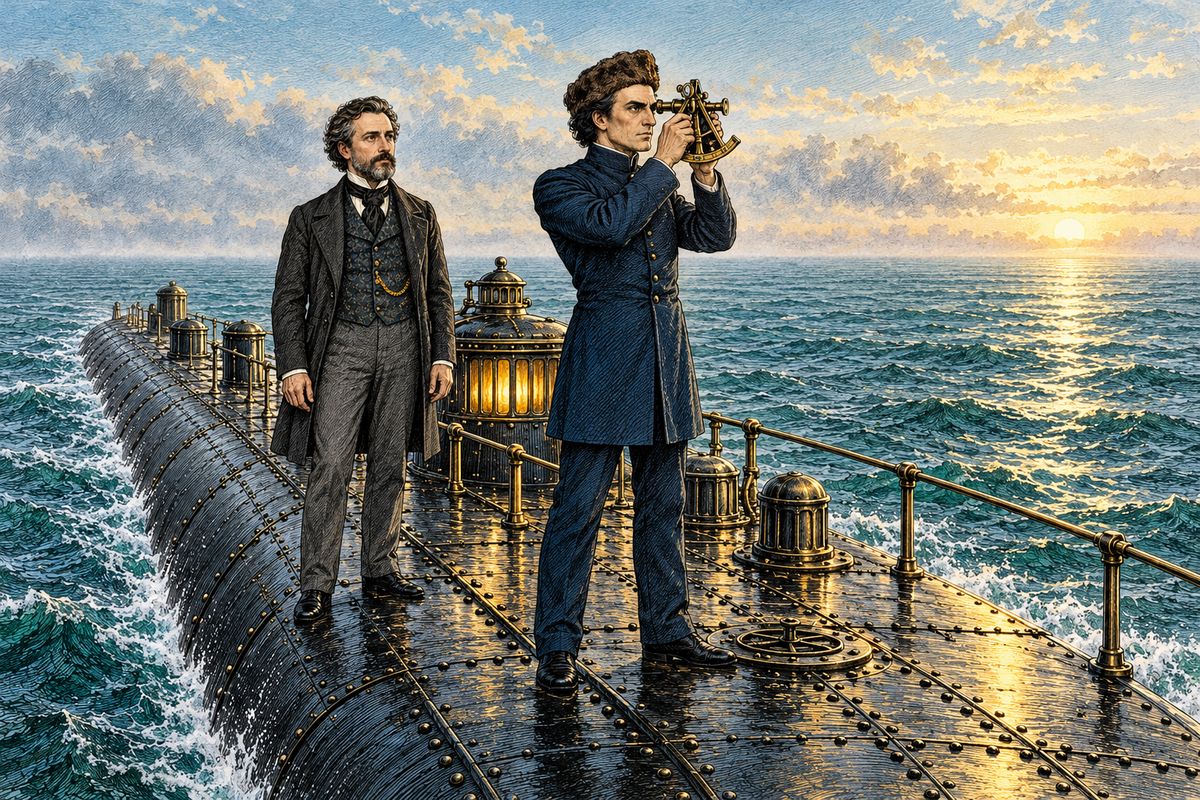 Just before noon the Nautilus rose to the surface off the coast of Japan. On the narrow platform, with the glass steersman's cabin and the lantern cage at either end, Nemo raised his sextant and waited, as still as marble, until the sun touched the horizon. "Twelve o'clock, sir," he said. Their long voyage had begun.